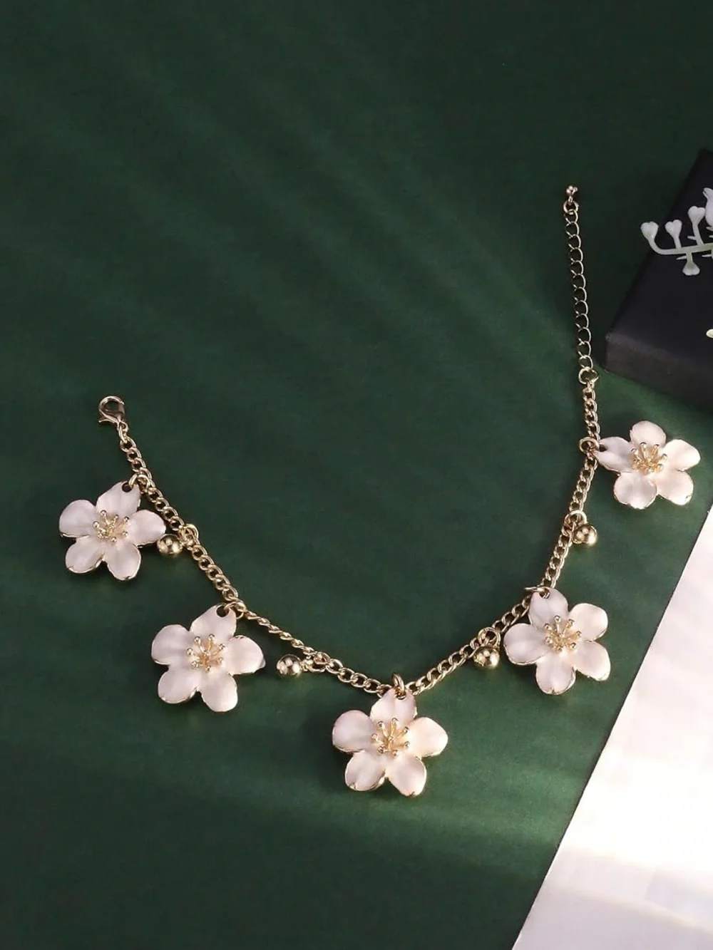 Anthropologie Gold Anklet with White Flower Charms